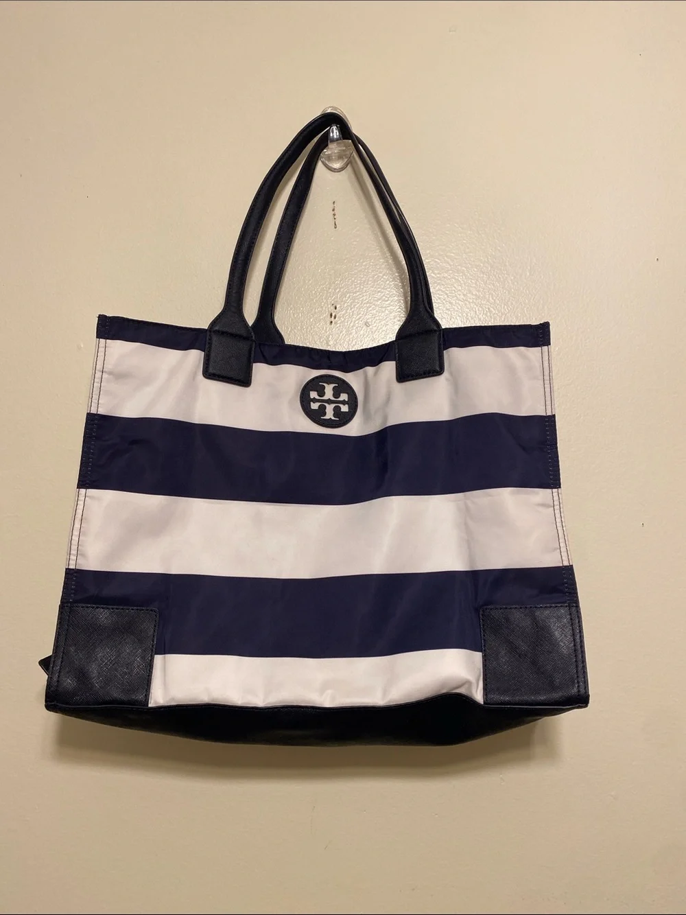 Tory Burch Navy and White Striped Canvas Tote with Logo